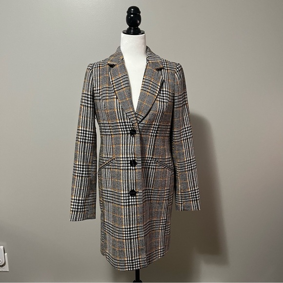 Vero Moda Cindy Notch Lapel Plaid 3/4 Length Wool Jacket - Picture 1 of 13
